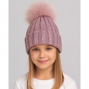 Catya Kids Pink Metallic Knit Beanie with Real Fur Pom Pom Wool